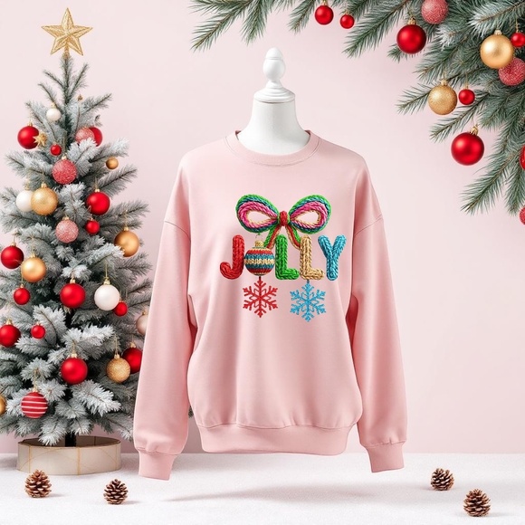 NEW Christmas Jolly Sweatshirt Faux Yarn Pink Green Bow. Any Size X M L XL XXL - Picture 1 of 10